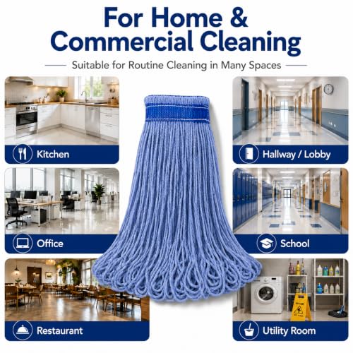 24 oz Loop-End Cotton String Mop Head, Heavy Duty String Mop Refills, 6 Inch Headband, Mop Head Replacement for Home, Industrial and Commercial Use (blue-6pc) - color: Blue-6pc