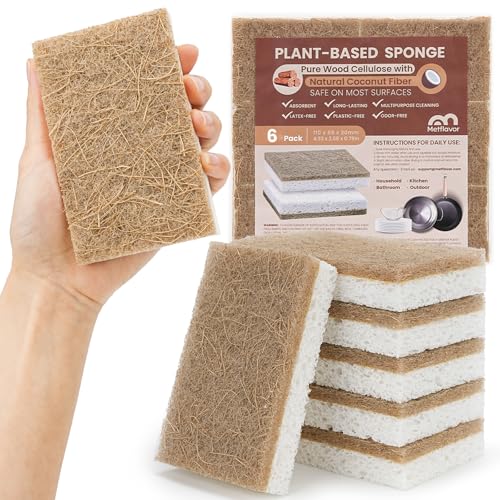 Metflavor Kitchen Sponges, 6 Count, Natural Sponge with Coconut Scrubber - color: Brown, size: 6 Pack