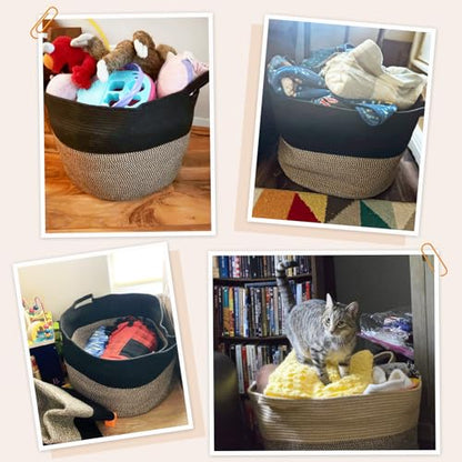 INDRESSME XXXLarge Woven Rope Blanket Basket Living Room Mix Black, 90L - color: Black & Mix Camel, size: 21.7"D x 13.8"H