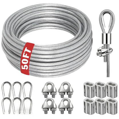 NAZOU 3/16 Inch Coated Steel Wire Rope, Hanging String Lights, Clotheslines - color: Silver, size: 50FT