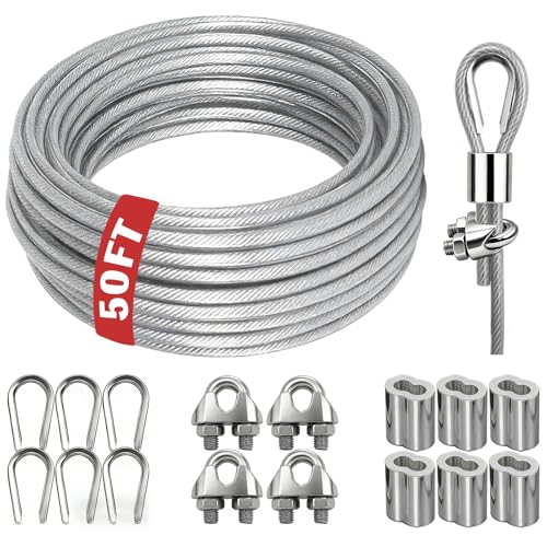 NAZOU 3/16 Inch Coated Steel Wire Rope, Hanging String Lights, Clotheslines - color: Silver, size: 50FT