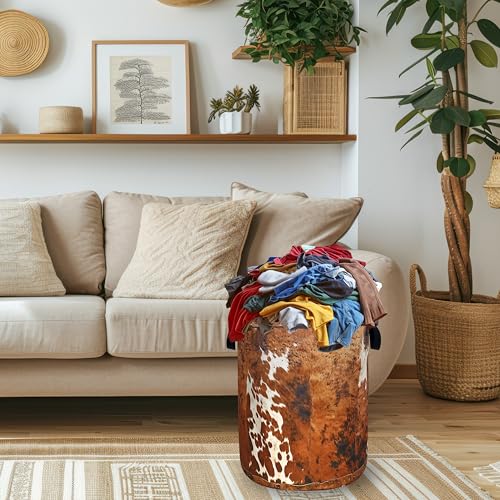 Brown Cow Skin Laundry Basket Foldable Hamper 18.9"x16.5" - color: Brown Retro Cows Skin Pattern