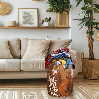 Brown Cow Skin Laundry Basket Foldable Hamper 18.9"x16.5" - color: Brown Retro Cows Skin Pattern