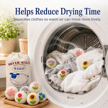Wool Dryer Balls 6 Pack, New Zealand, Reusable Natural Fabric Softener - color: White-flower
