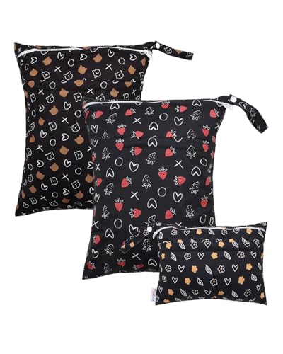 ALVABABY 3 Pack Wet Dry Bags for Cloth Diapers, Swimsuits & Gym Clothes, Waterproof Reusable Baby Diaper Bag with 2-Zippered Compartments, Hanging Strap, Machine Washable, Small/Medium/Large for Dayca - color: Classic bear strawberry little yellow flower