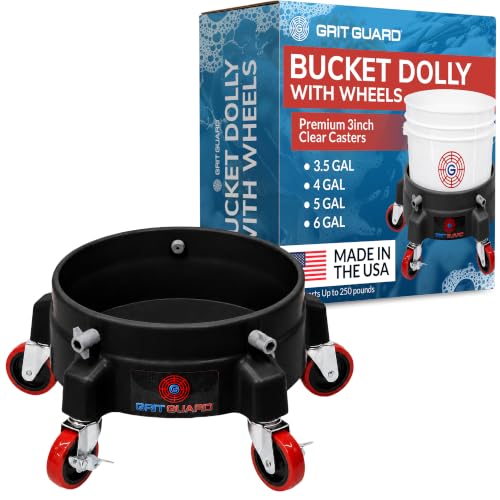 Grit Guard Bucket Dolly with Wheels - Rolling Detailing Wash Bucket with 5 Wheels and 2 Locking Casters Compatible with 2.5, 4, 5 and 6 Gallon Buckets (Black, 3" Red Casters) - Made in the USA - color: Black, size: 3" Red Casters