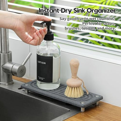 Razborci Water Absorbing Stone Sink Caddy Kitchen Sink Organizer Tray, Diatomite Bathroom Counter Tray, Faucet Drying Mat Coaster Soap Dish Rack Riser Dispenser Sponge Holder, Charcoal 10" x 4" - color: 10"x 4" - Charcoal