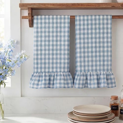 HunnmingRe 2 Pcs Dusty Blue Gingham Kitchen Towels Cotton Ruffle Dish Towel - color: Dusty Blue, style: Gingham