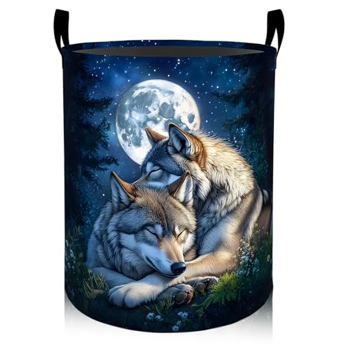 Romantic Wolf Moonlit Night Laundry Basket 19.7"x15.7", Collapsible Dirty Clothes Waterproof Laundry Hamper Organizer Storage Bin for Dorm Bedroom Bathroom Decor - style: Wolf05
