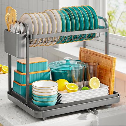Sakugi Dish Drying Rack 2-Tier 15" x11.4" x15" Gray Double Rod - color: Gray, size: Large