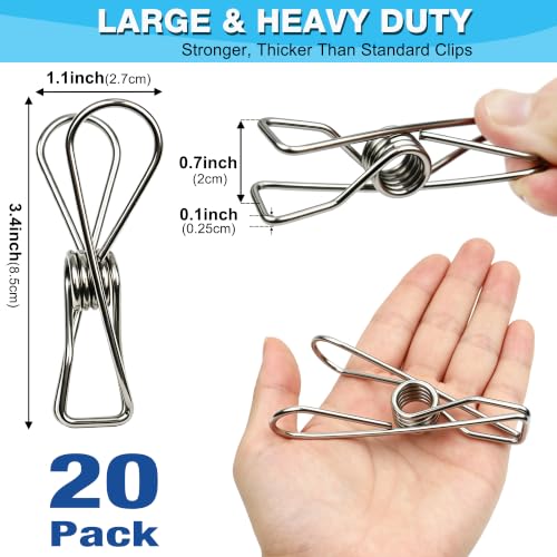 20 Pack Large Clothes Pins, 3.4inch Stainless Steel Wire Clothespins Heavy Duty with Storage Bag, Thick 2.5 mm Metal Clothes Pegs Laundry Clips for Indoor Outdoor Use