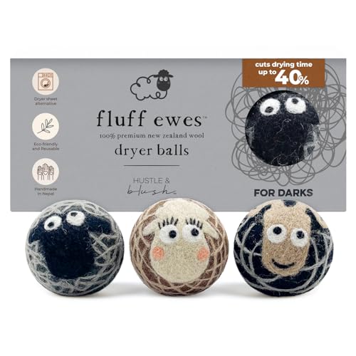 Fluff Ewes Wool Dryer Balls 3 Pack, Darks, XL - color: Darks, size: 3 Count (Pack of 1)