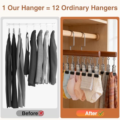 2Pcs Closet Organizer with 12 Clips, Legging Hangers for Closet Organizer, 360° Rotating Metal Clips with Silicone Lining, Multi-Purpose Storage Hanger for Jeans Skirts Socks (Vintage)