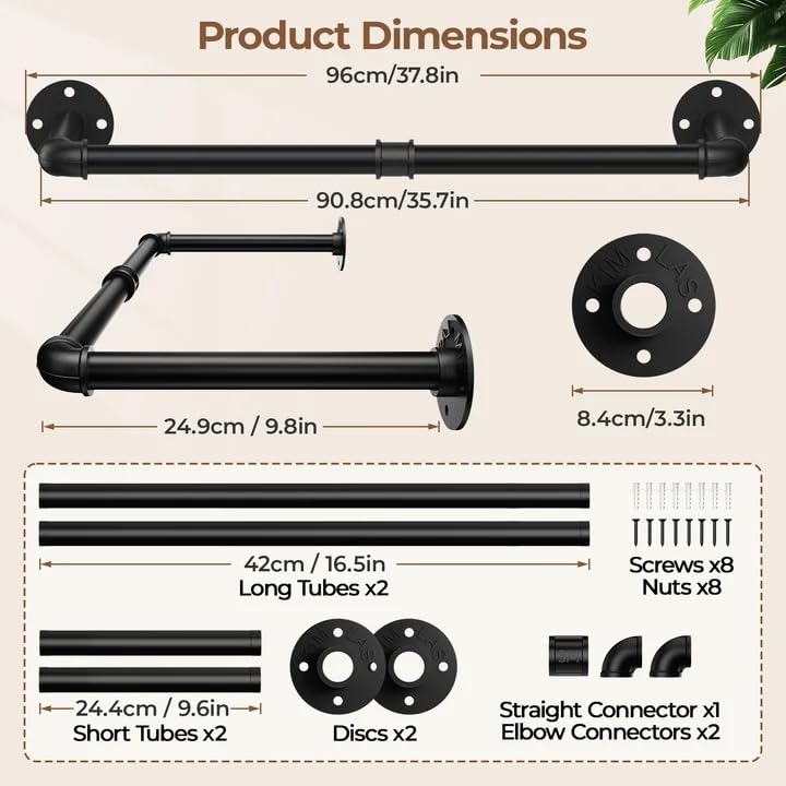 38.4In Wall Mounted Clothes Rack , 2 Pack Industrial Pipe Clothing Rack