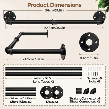 38.4In Wall Mounted Clothes Rack , 2 Pack Industrial Pipe Clothing Rack