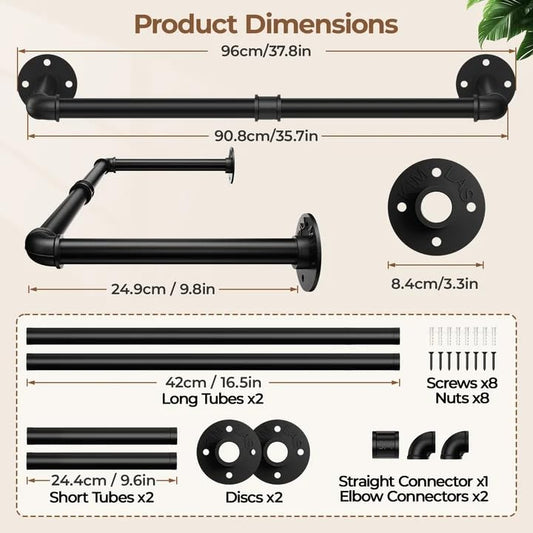 38.4In Wall Mounted Clothes Rack , 2 Pack Industrial Pipe Clothing Rack