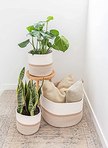 OrganiHaus Round Toy Basket & Blanket Basket, Cotton Rope 20x13" - color: Striped Honey, size: Wide