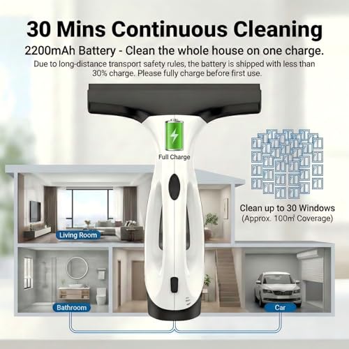 Window Vacuum Squeegee Cordless, 2000Pa & 2200mAh Electric Window Cleaner