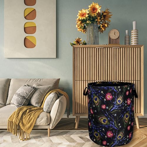 Peacock Feather Laundry Basket Foldable Oxford Cloth Hamper 18.9"x16.5" - color: Beautiful Peacock Feathers Print