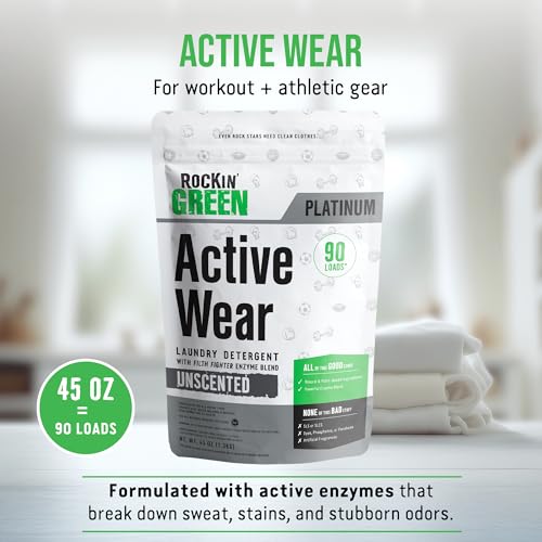 Rockin' Green Active Wear Laundry Detergent Powder & Odor Eliminator for Sportswear & Workout Clothes, Plant-Based Enzymes Target Sweat & Odor, Dermatologist Tested, Unscented, 90 Loads - size: 90 Loads