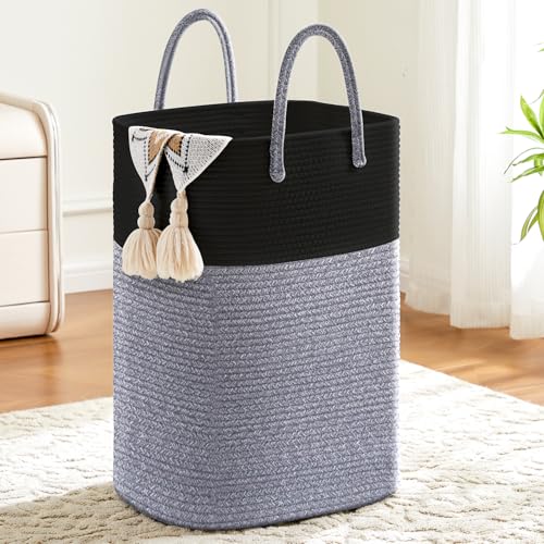 Laundry Basket,Woven Cotton Rope Laundry Hamper,Versatile Storage for Dirty Clothes,Baby Toys,and Blankets in Bathroom, Nursery,and Living Room (Black, 60L) - color: Black, size: 60L