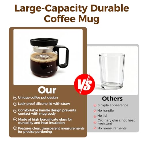 16 Oz Glass Coffee Pot Mug, Heat Resistant Clear Cup with Handle & Spill-proof Lid, Large Capacity Ultra Portable Travel Office Mug, Comes with Straw & Cleaning Brush, Ideal Gift for Coffee Lovers