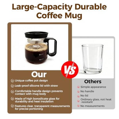 16 Oz Glass Coffee Pot Mug, Heat Resistant Clear Cup with Handle & Spill-proof Lid, Large Capacity Ultra Portable Travel Office Mug, Comes with Straw & Cleaning Brush, Ideal Gift for Coffee Lovers