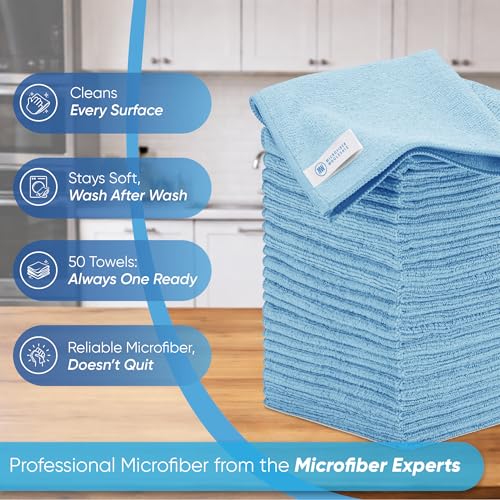 Microfiber Wholesale 16" x 16" All Purpose Towels - 50 Pack - Reusable Wash Cloths, Dust, Kitchen, Car, Shop Rags for Cleaning (Blue) - color: Blue, size: 50 Pack