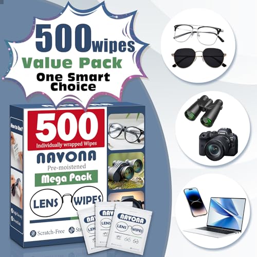 500 Count Lens Wipes for Eyeglasses – Pre-Moistened, Individually Wrapped Eyeglass Cleaning Wipes – Scratch-Free, Streak-Free Glasses Cleaner Wipes for Sunglasses & Camera Lens – Bulk Pack - size: 500 Count