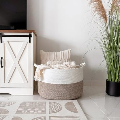 INDRESSME XXXLarge Woven Rope Blanket Basket Living Room Brown, 90L - color: White & Brown, size: 21.7"D x 13.8"H