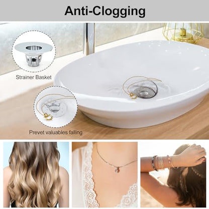 All Brass Metal Sink Stopper with Hair Catcher | Universal Bathroom Drain Strainer | Anti Clog Filter Basket, Polished Chrome, Fit for 1.08-1.5 Inch Sink Drain Hole