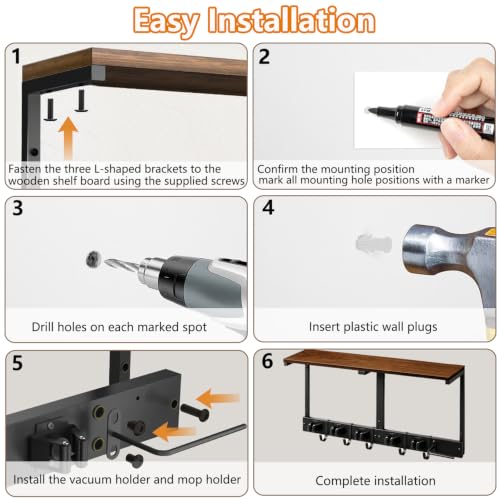Mop and Broom Holder Wall Mount with Cleaning Supplies Organizer