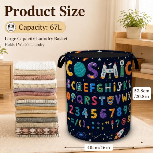Cosmic Alphabet Space Collapsible Laundry Hamper for Bedroom, Freestanding Oxford Clothes Basket, Large Foldable Storage Bin with Easy-Carry Handles for Bathroom Dorm Laundry Room - color: Cosmic Alphabet Space
