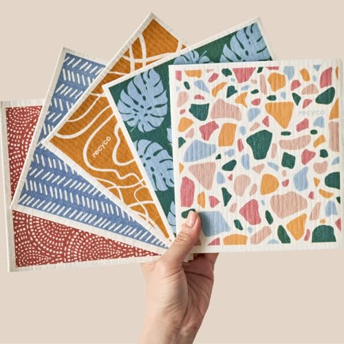 RECYCO Swedish Dishcloths for Kitchen | 5 Pack Urban Boho Terrazzo Washable Dish Rags | Cellulose Reusable Cleaning Paper Towels | Absorbent Counter Dish Cloth Sponge Kitchen Wipes, 8" L x 7" W - color: Urban Boho Terrazzo-5 Pack