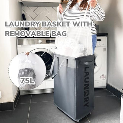 CHICVITA 75L Large Rolling Laundry Basket with Wheels & Wash Bag, Grey - color: Grey, size: 75L (15.7"L x 11.8"W x 24.8"H)