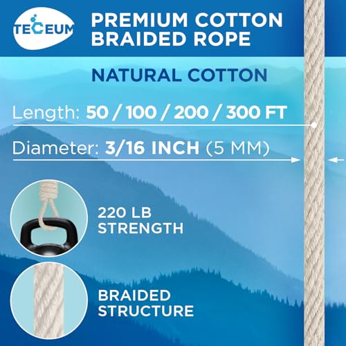 TECEUM Cotton Rope 3/16” (5 mm) – 200 FT – Strong All-Purpose Braided Rope – Natural Cotton – for Crafting, Сamping, Clothes Line, DIY, Indoor & Outdoor Use – Natural - size: 200 feet