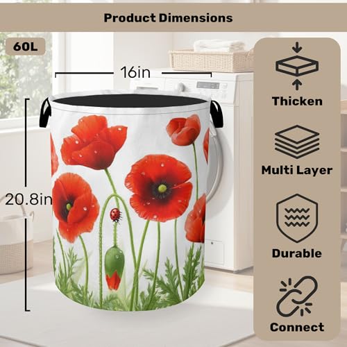Red Flower Laundry Basket - Heavy Duty 60L Dirty Clothes Organizer, Water Resistant Foldable Hamper for Men Women - color: Red Flower