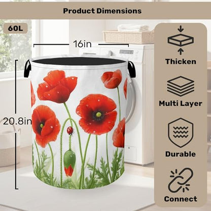 Red Flower Laundry Basket - Heavy Duty 60L Dirty Clothes Organizer, Water Resistant Foldable Hamper for Men Women - color: Red Flower