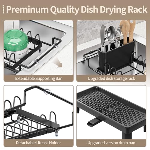 Expandable Over Sink Dish Rack, Small Dish Drying Rack with Drip Tray - color: Deepblack