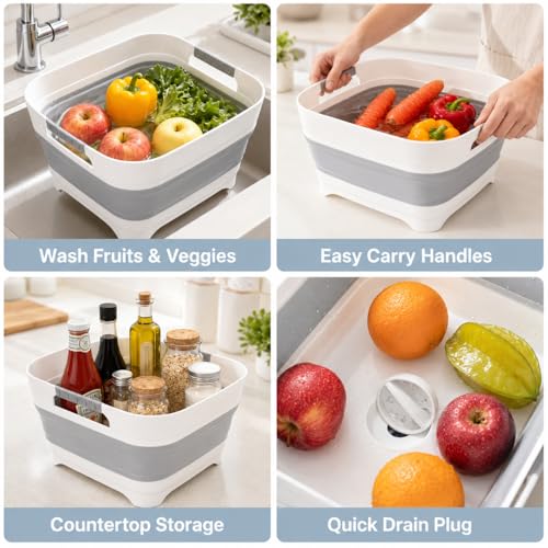 Collapsible Dish Basin with Drain Plug, 2.4 Gal 9L Foldable Wash Basin, Portable Sink Tub for Kitchen, Baby Bottles, Camping, RV, Vegetable Washing and Beverage Tub, Gray - color: Gray