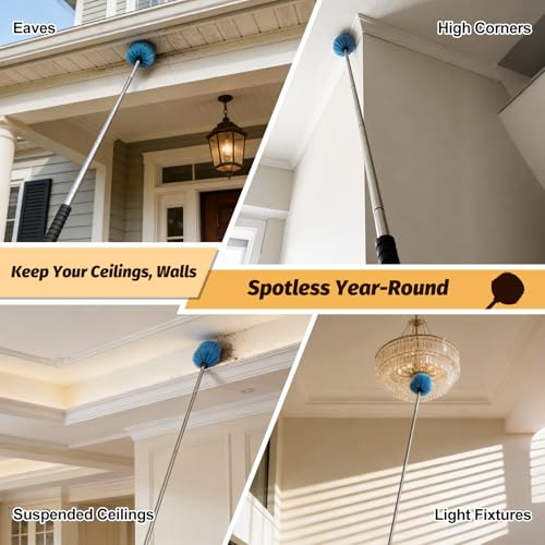 Cobweb Duster Brush with Extension Pole,Lightweight 5ft Long Spider Web Cobwebs Ceiling Fan Dust Cleaning Brush Kit with Washable Head for Furniture, Eaves, VentRoof House Cleaning up to 12.5ft
