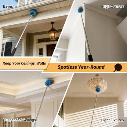 Cobweb Duster Brush with Extension Pole,Lightweight 5ft Long Spider Web Cobwebs Ceiling Fan Dust Cleaning Brush Kit with Washable Head for Furniture, Eaves, VentRoof House Cleaning up to 12.5ft