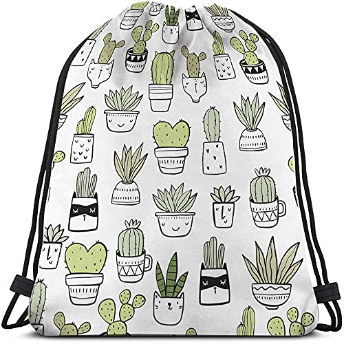 Cactus Drawstring Backpack - Floral Hand Drawn Summer Tropical Style Cacti Green Plants Art Nature Sport Gym Sack Drawstring Bag for Men Women - color: Multi-a147