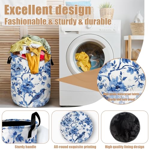 Blue Flower Bird Laundry Basket, Foldable Waterproof Laundry Hamper Tote Bag Dirty Clothes Storage Bucket Organizer for Bathroom/Laundry/Bedroom 15.7"x19.6" - color: Blue Bird Flower