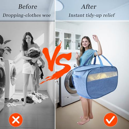 Upgraded 100L Extra Large Mesh Pop Up Laundry Hamper with Lid and Handles. XL Closet Storage Bins, Dirty Clothes Basket for Dorm Home, Foldable Laundry Basket. Blue. H - color: Navy