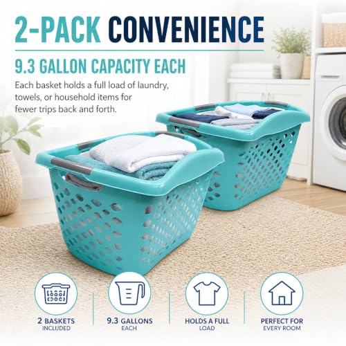 Teal Laundry Basket Set of 2 with 3 Handles, 9.3 Gal - color: Light blue 2pcs