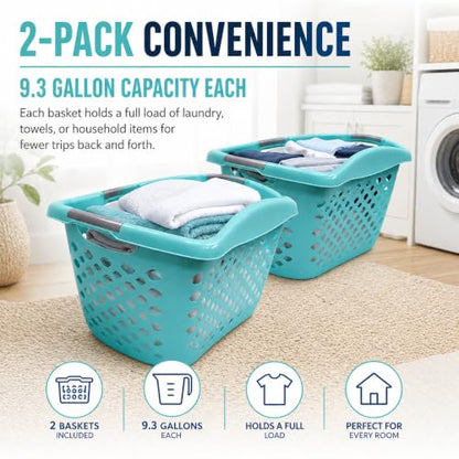 Teal Laundry Basket Set of 2 with 3 Handles, 9.3 Gal - color: Light blue 2pcs