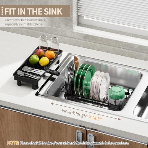 Expandable Over Sink Dish Rack, Small Dish Drying Rack with Drip Tray - color: Deepblack
