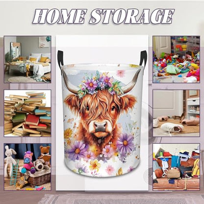Highland Cow Laundry Basket, 43L 13.8x17.7in Round Oxford Laundry Hamper - color: Flower Highland Cattle
