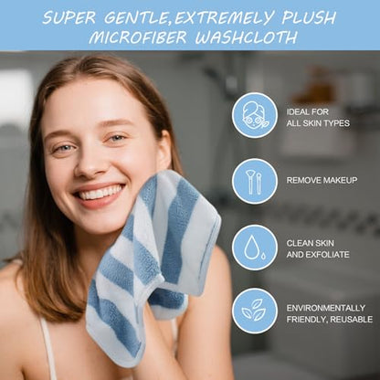 Microfiber Facial Cloths Fast Drying Washcloth 12x12inch Stripes 6 pack - color: Blue Stripes, size: 1 Count (Pack of 6)